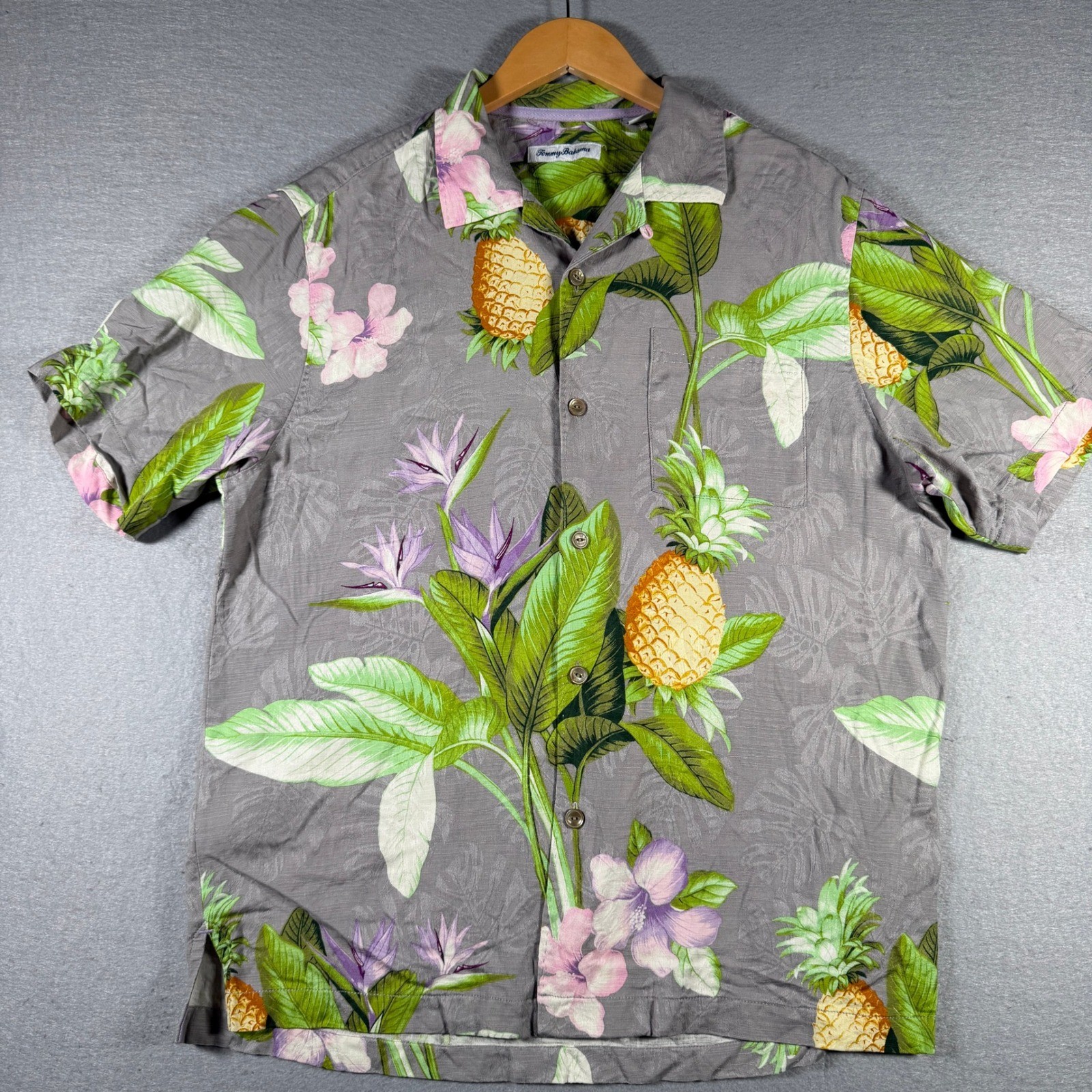 Tommy Bahama Mens Silk Pineapple Tropical Floral Camp Shirt Grey Medium