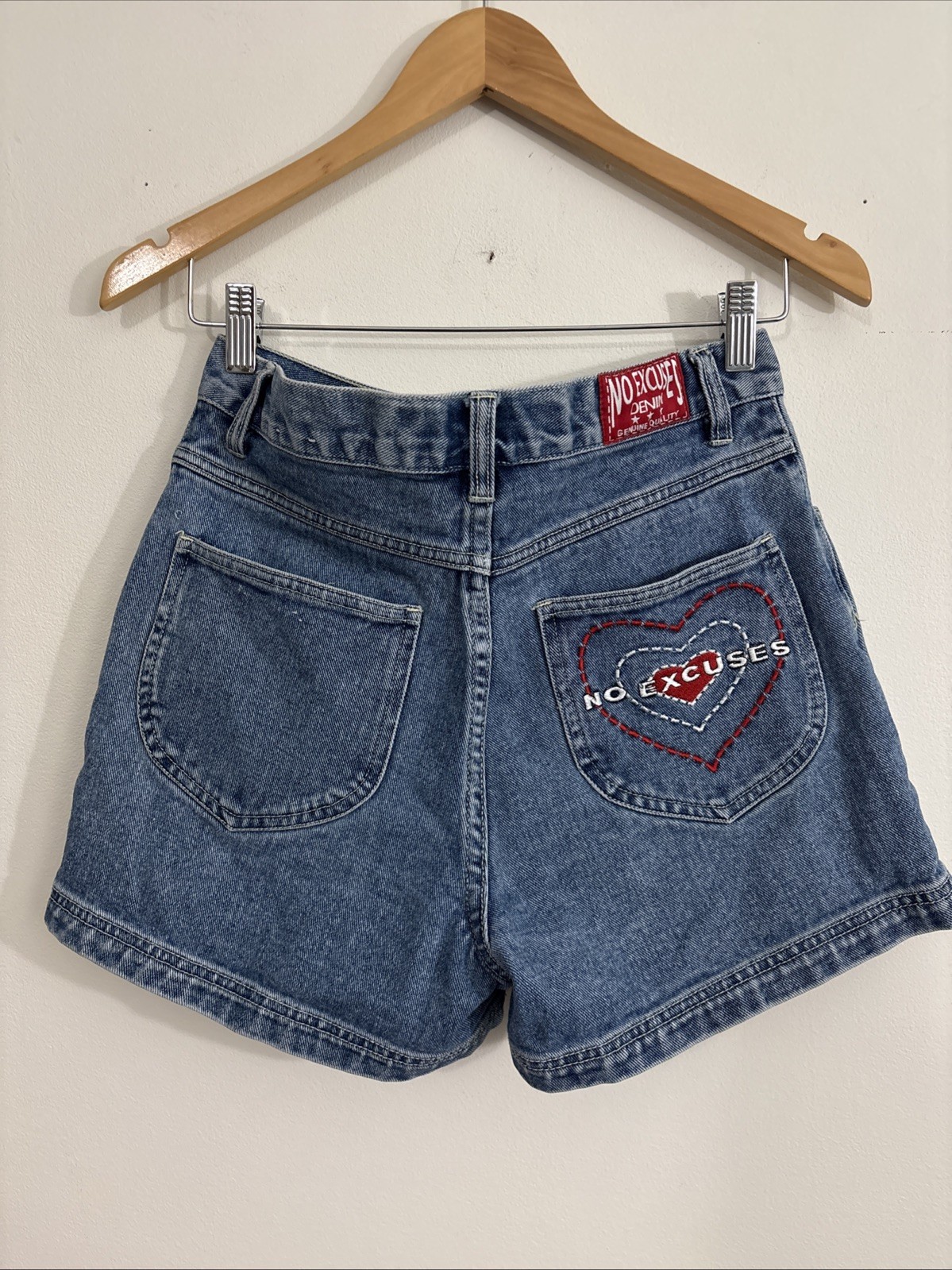 No Excuses High Waisted Denim Jean Shorts Hearts Sz 9/10 Y2K Aesthetic