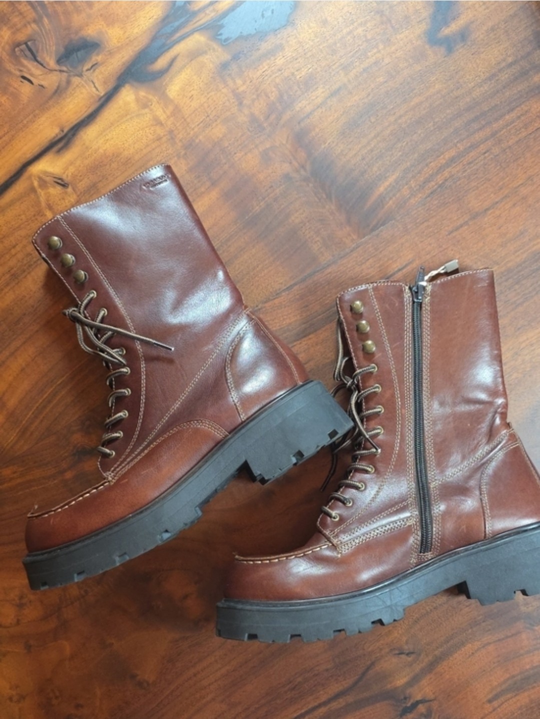 Vagabond Men’s Brown Leather Lace-Up Combat Boots Side Zip Lug Rubber Sole
