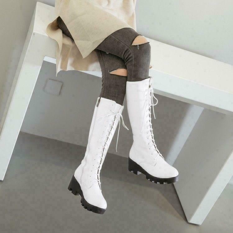 Womens Gothic Round Toe Combat Knee High Boots Retro PU Leather Lace Up Shoes