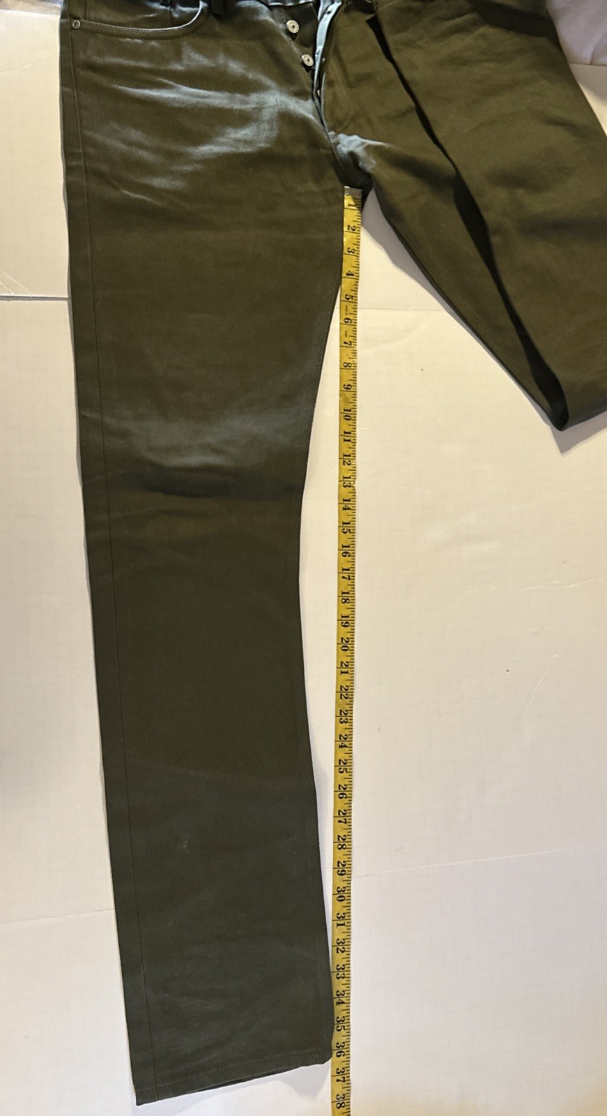 Gustin Mens Slim Fit Raw Selvedge Jeans Olive Green Size 34 x34 Made n USA Denim