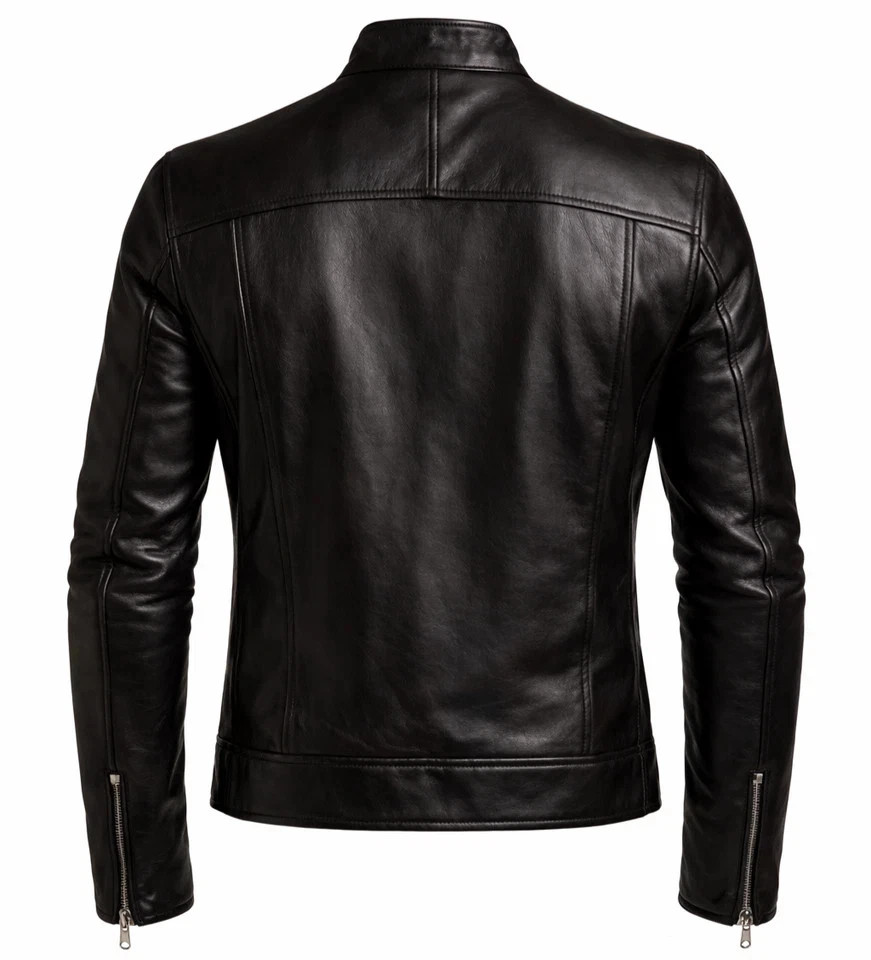 Men’s Black Genuine Leather Jacket Biker Slim Fit Zip Casual Jacket