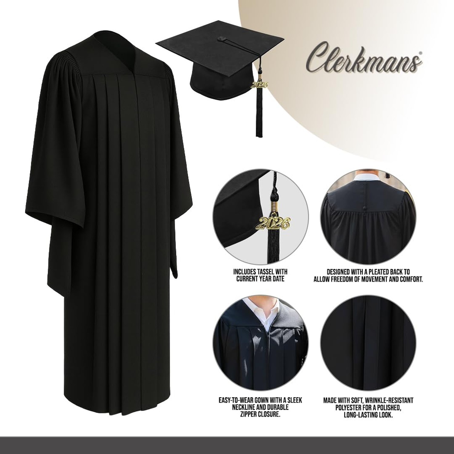 CLERKMANS Classic Masters Graduation Cap And Gown With Tassel Package