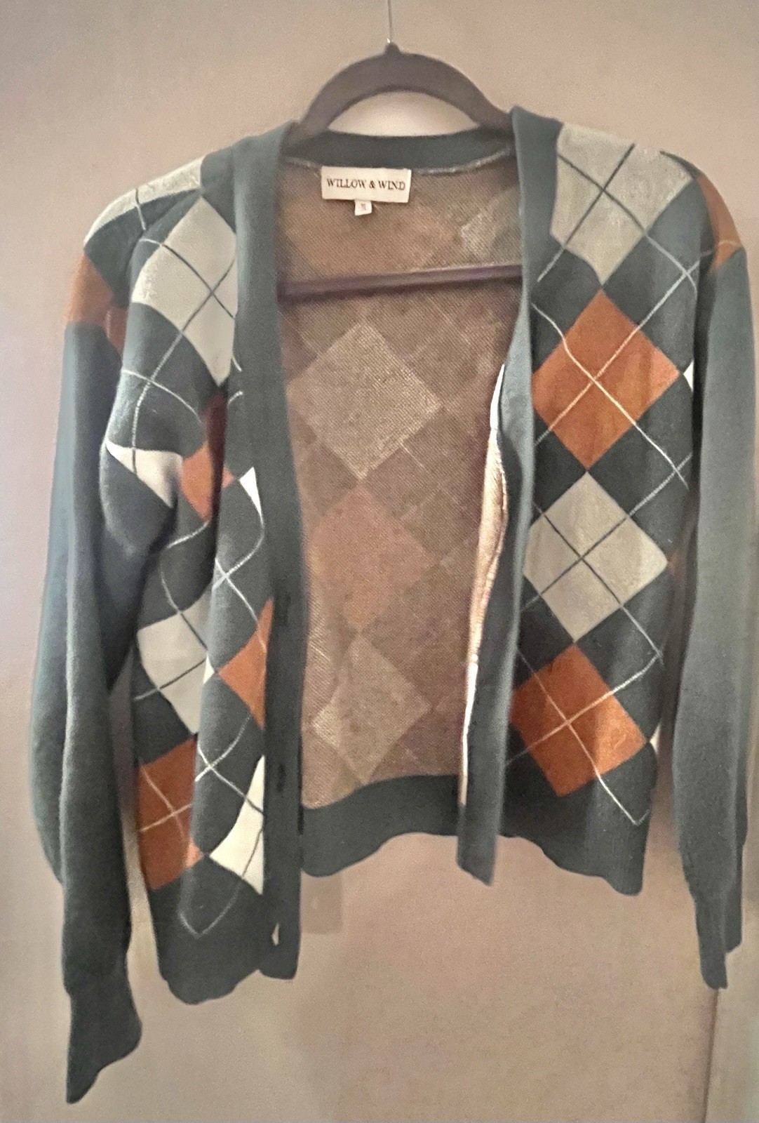 Women’s Green Argyle Cardigan Preppy Collegiate Button Front V Neck Sweater Sz M
