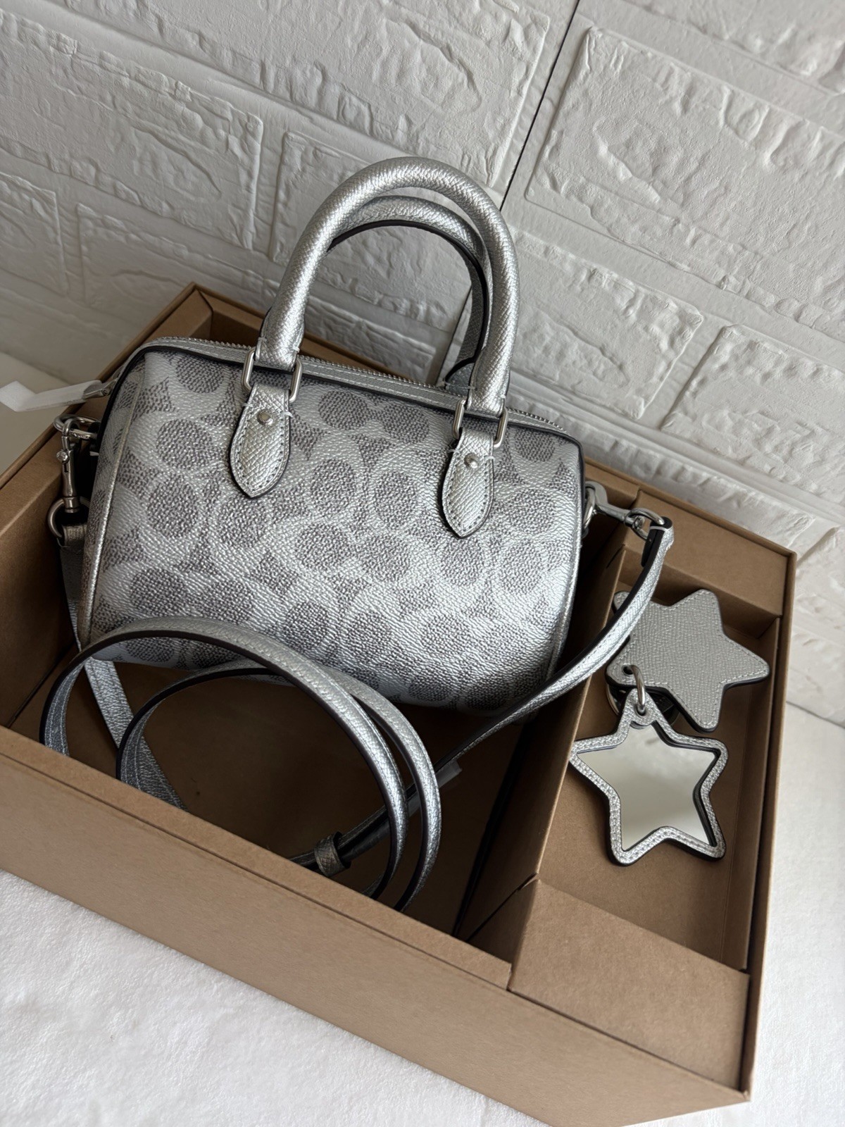Coach Signature Logo Mini Satchel Metallic Silver/Gray Zip Strap Star Charm