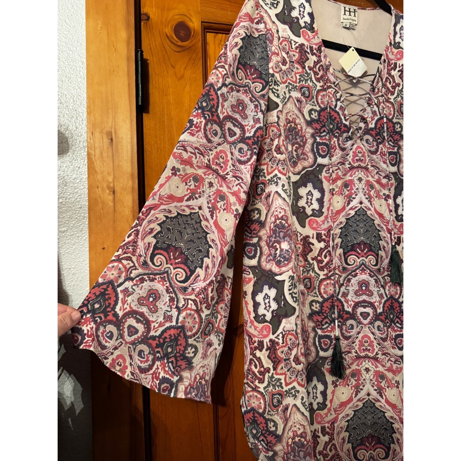 NWT Haute Hippie 100% Silk Paisley Lace-Up Mini Dress Tassels Boho Western M
