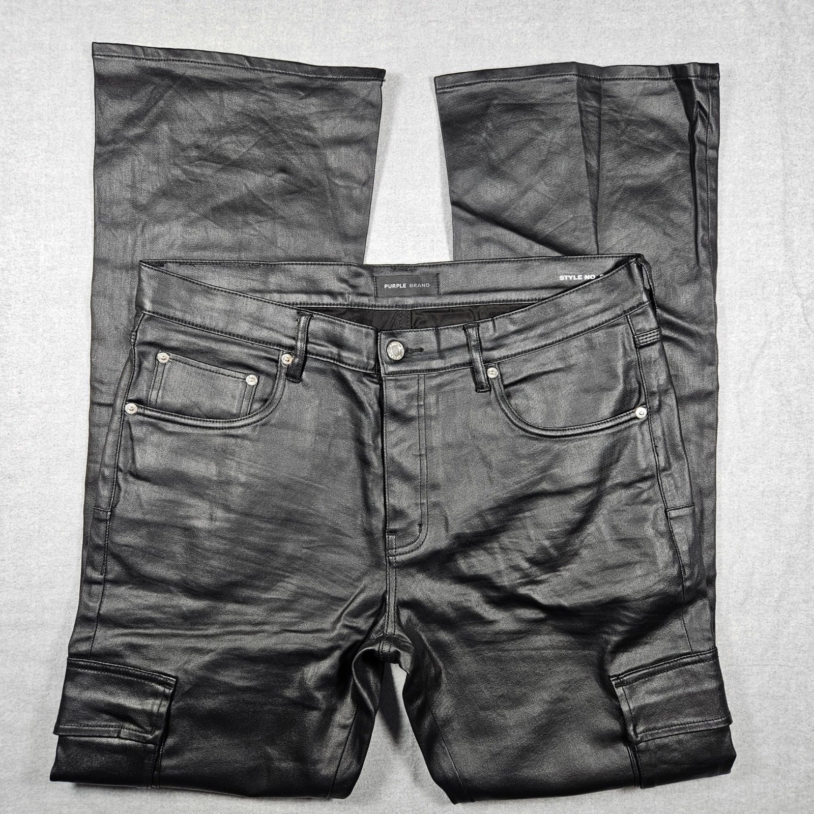 Purple Brand P004 Black Coated Flare Cargo Pants Mens 36 PFBL423 Slim Fit