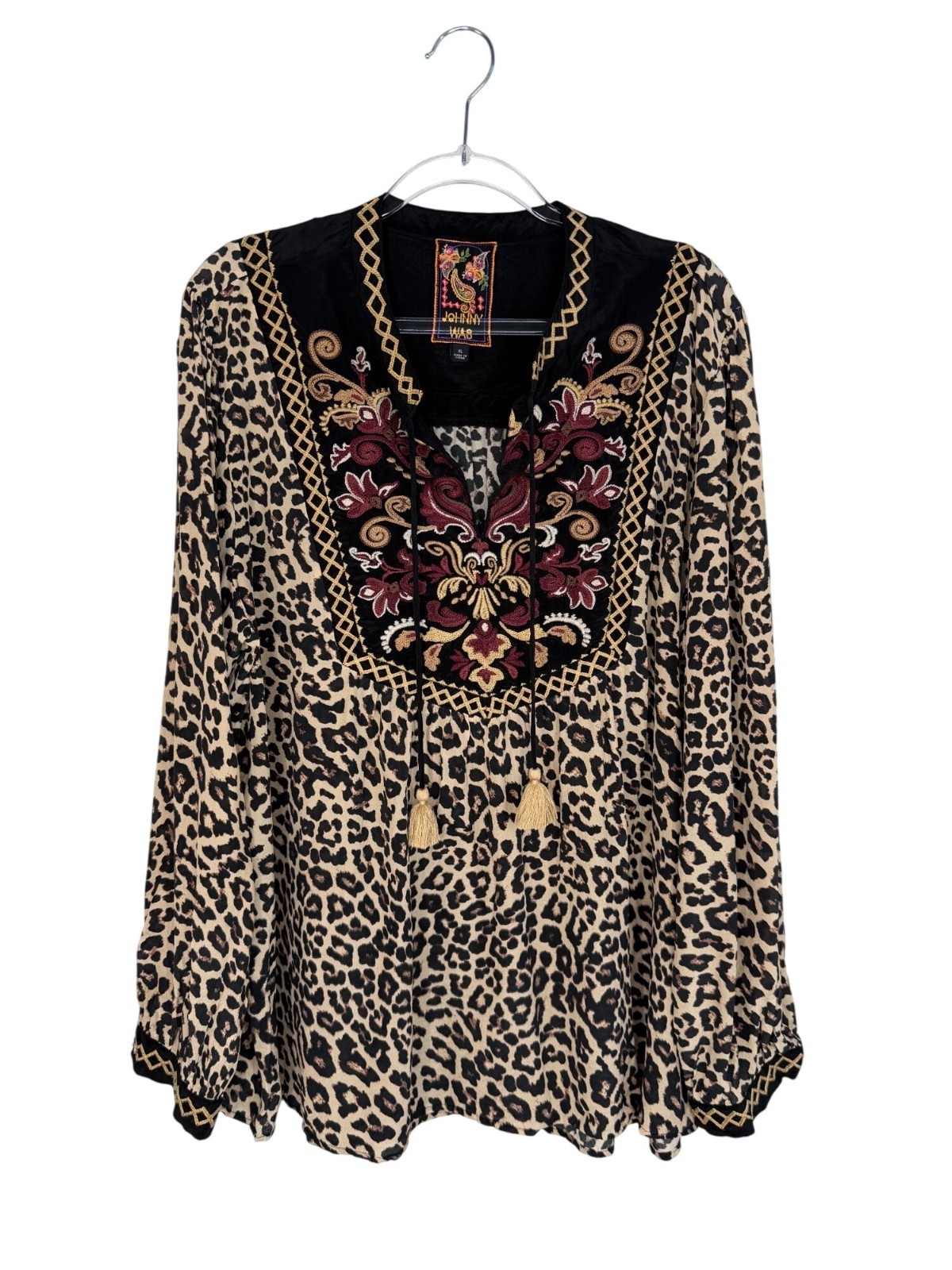 Johnny Was Diedre Tassel Yoke Blouse Embroidered Leopard Print Size X-Large