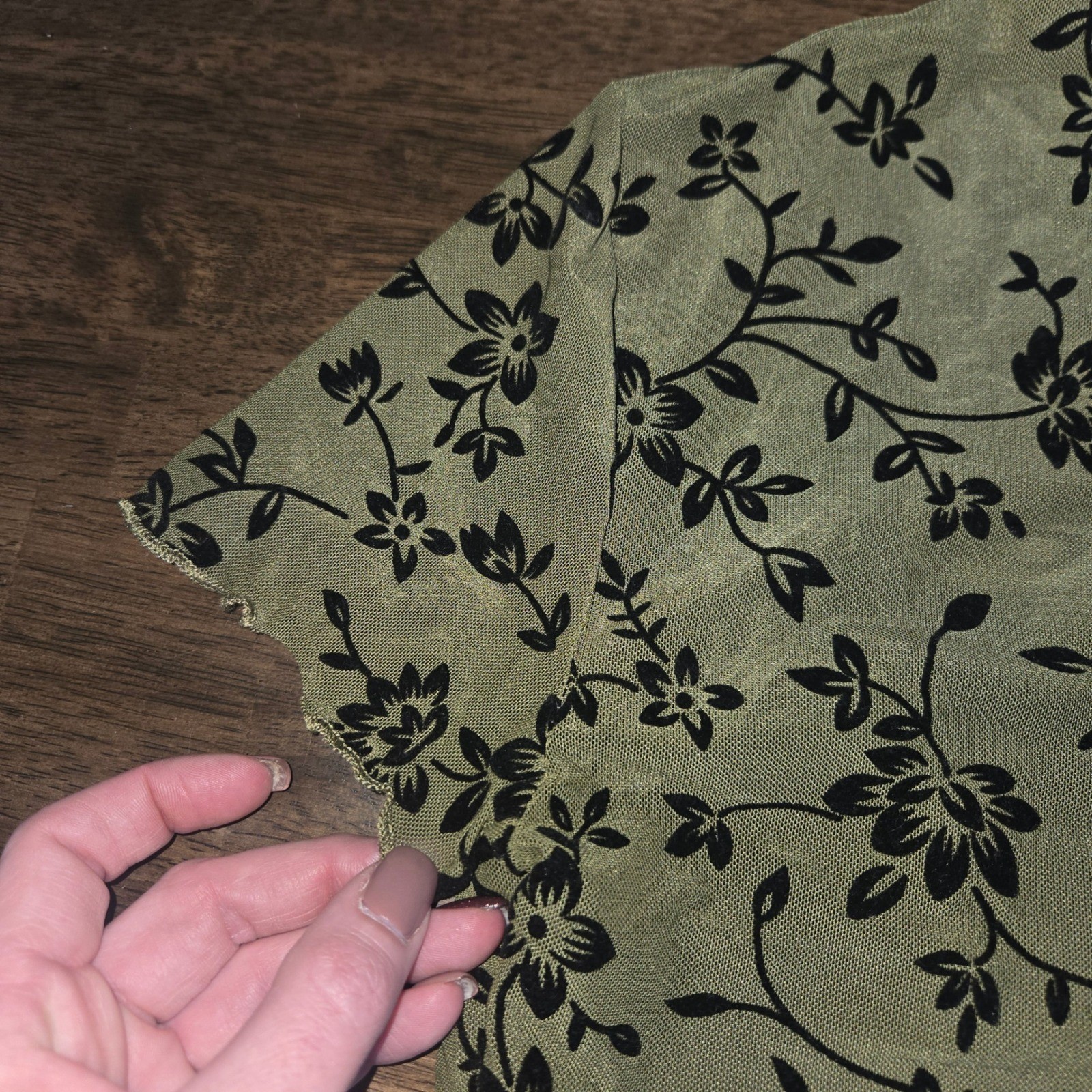 Olive Green Floral Mesh Mock Neck Top with Black Camisole Y2K Fairycore Grunge