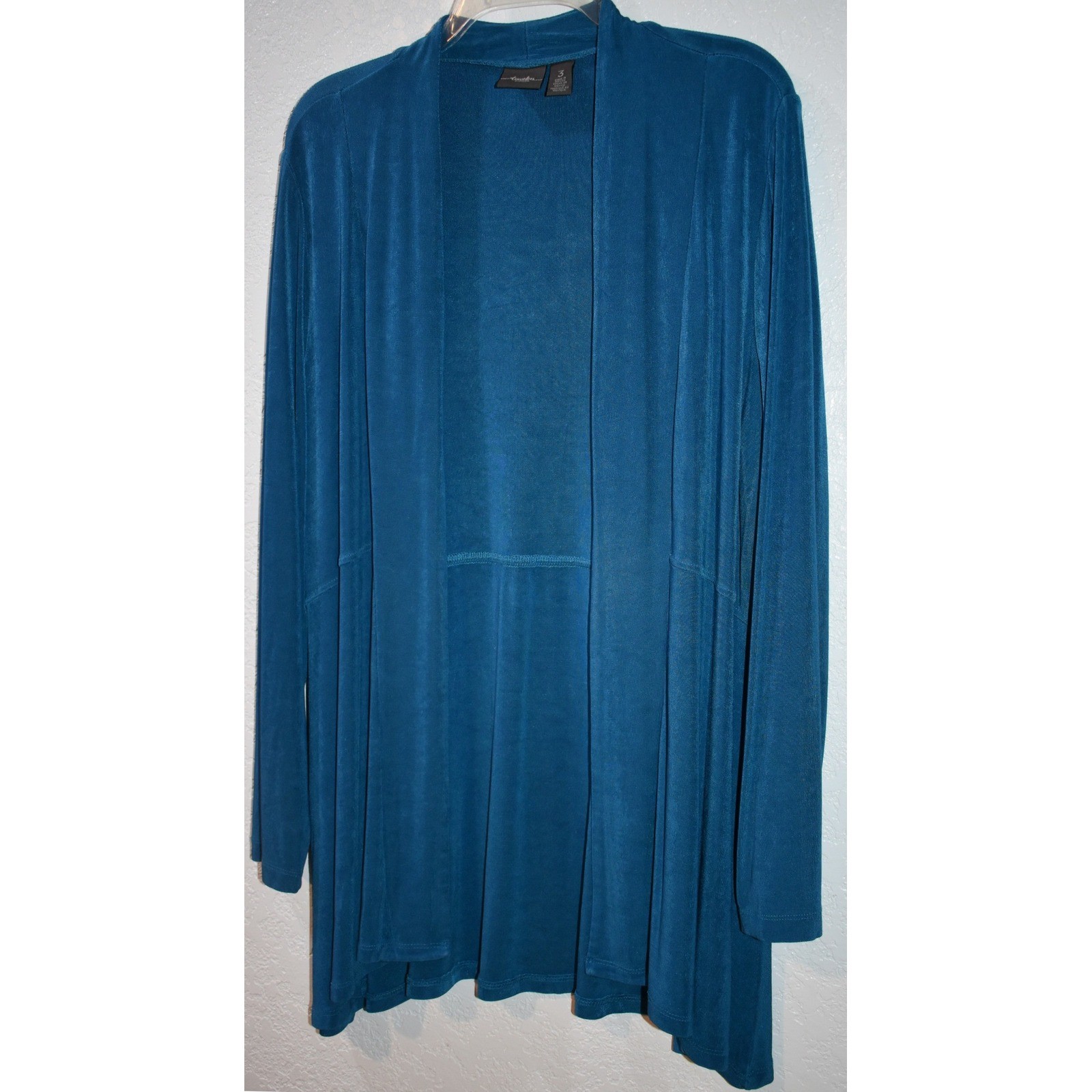 Chicos Travelers Teal Blue Open Front Slinky Knit Cardigan Jacket Size 3 XL