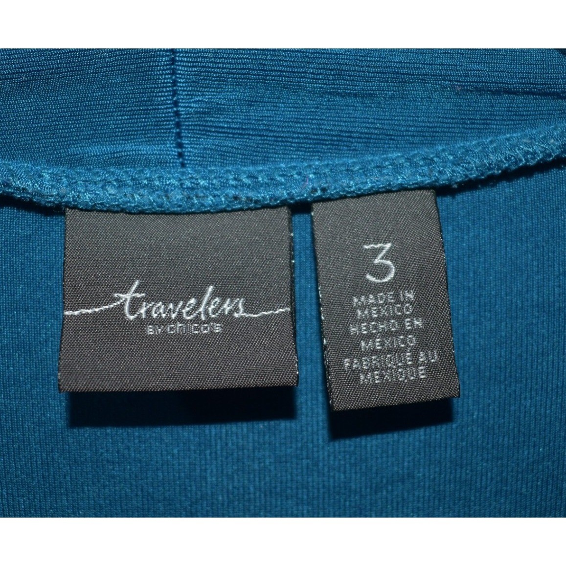Chicos Travelers Teal Blue Open Front Slinky Knit Cardigan Jacket Size 3 XL