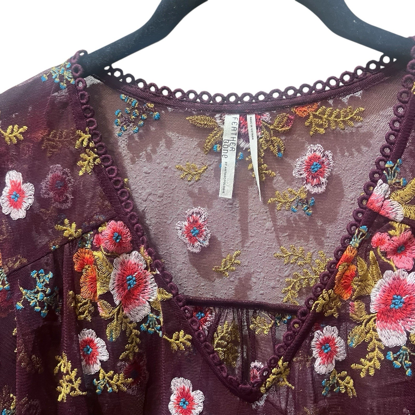 Anthropologie Feather And Bone Burgundy Mesh Floral Embroidered Blouse Size XS