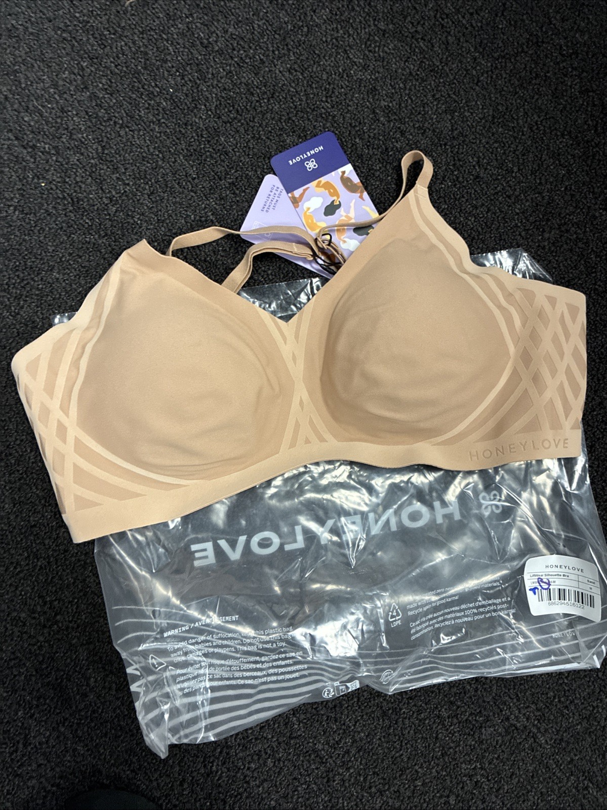 Honey Love Bra Womens SZ Med Sand Wireless Crossover Padded Comfort Women’s New