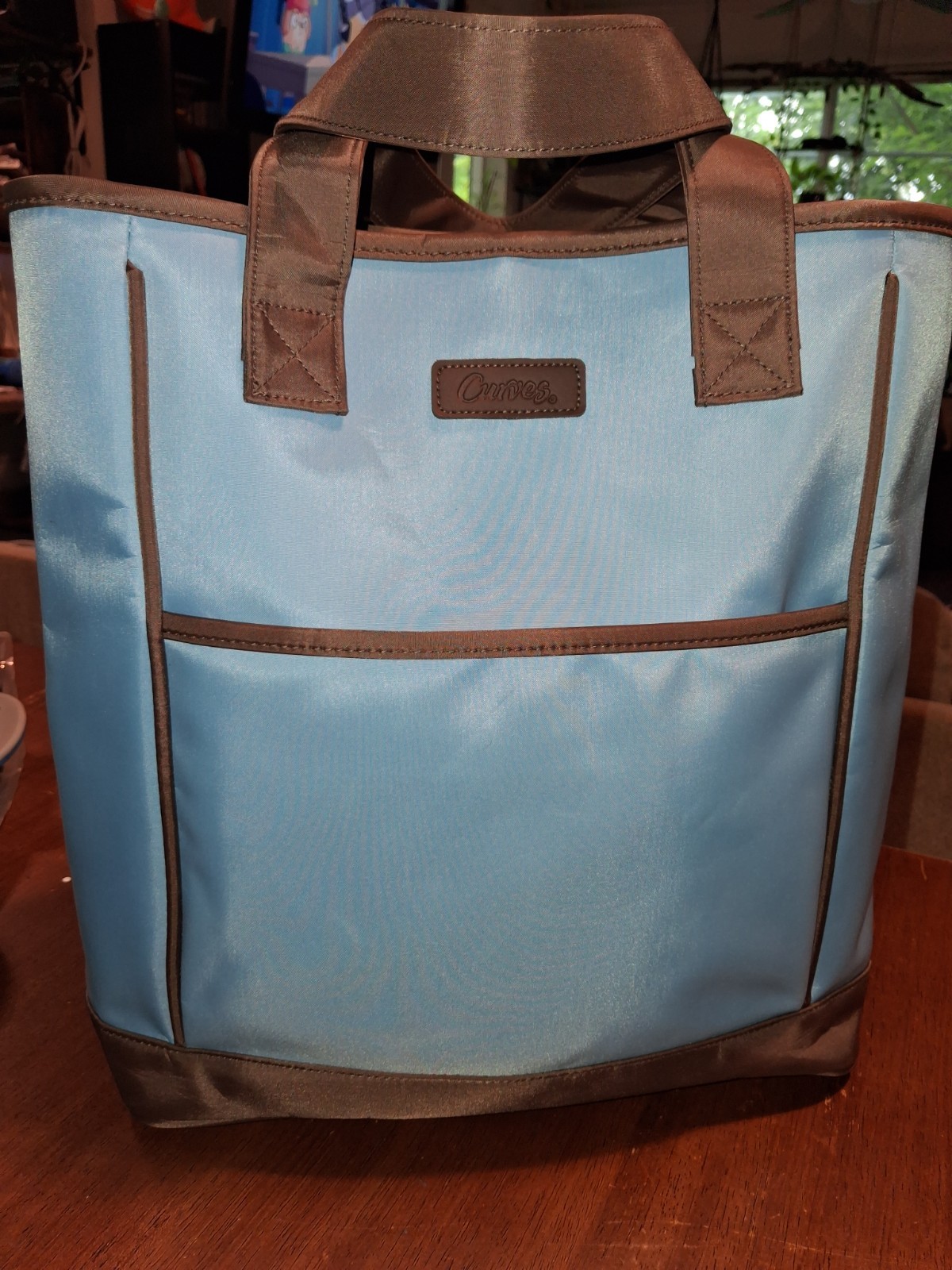 Curves Large Blue & Brown Tote Bag w/ Detachable Pouch, Pockets, Work Travel