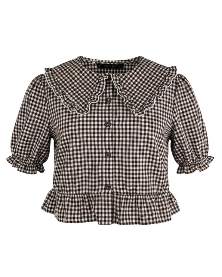 Hesperus Brown Gingham Peter Pan Collar Crop Blouse Ruffle Cotton Women’s S