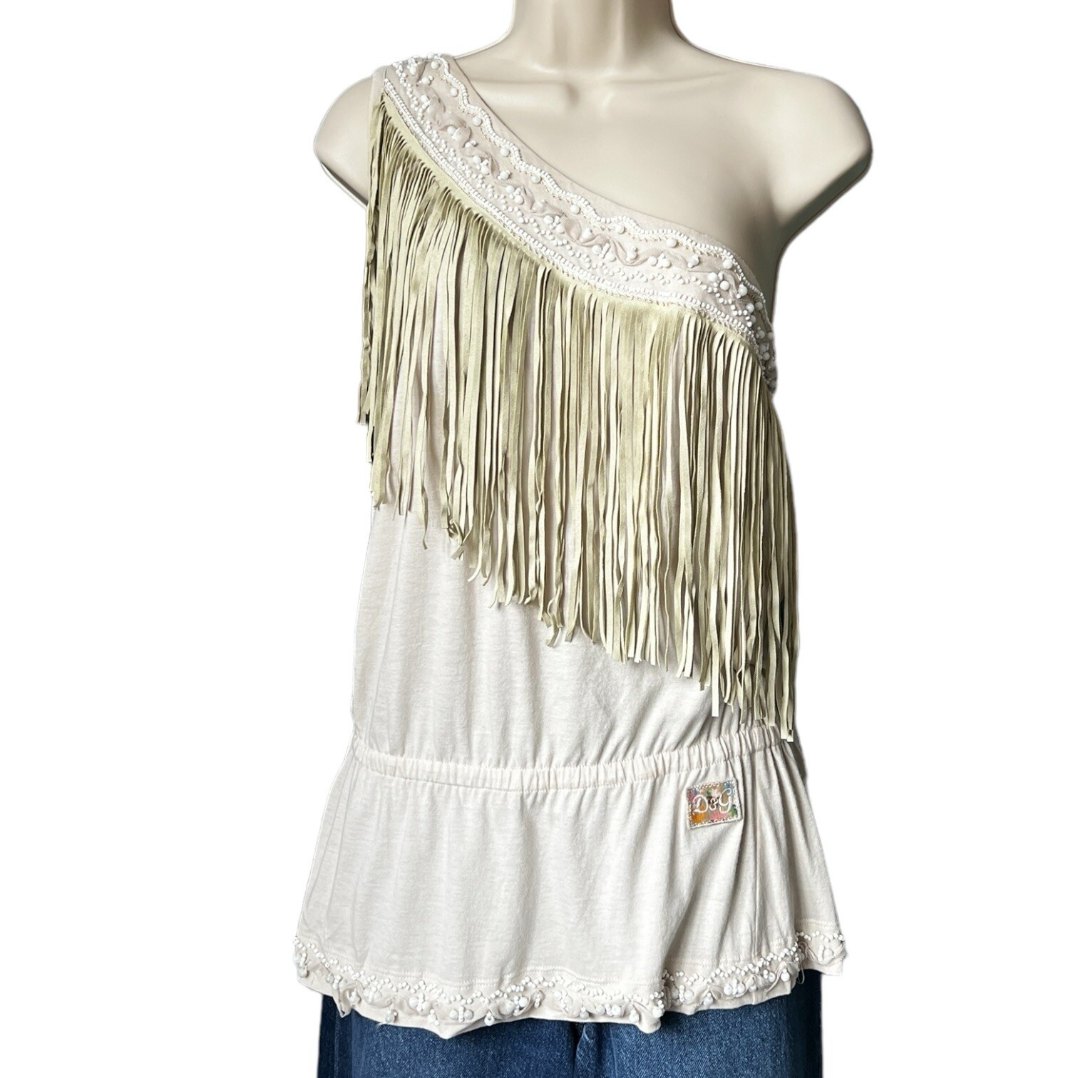 Dolce & Gabbana Vintage One-Shoulder Beaded Feather Top (IT42)