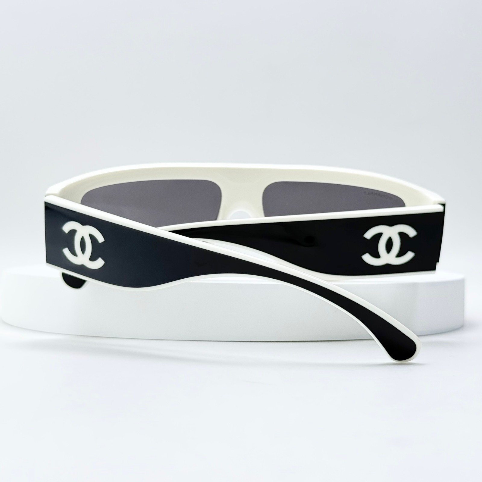 Chanel CH6057 Shield Sunglasses Black White Frame Gradient Gray Lens Italy