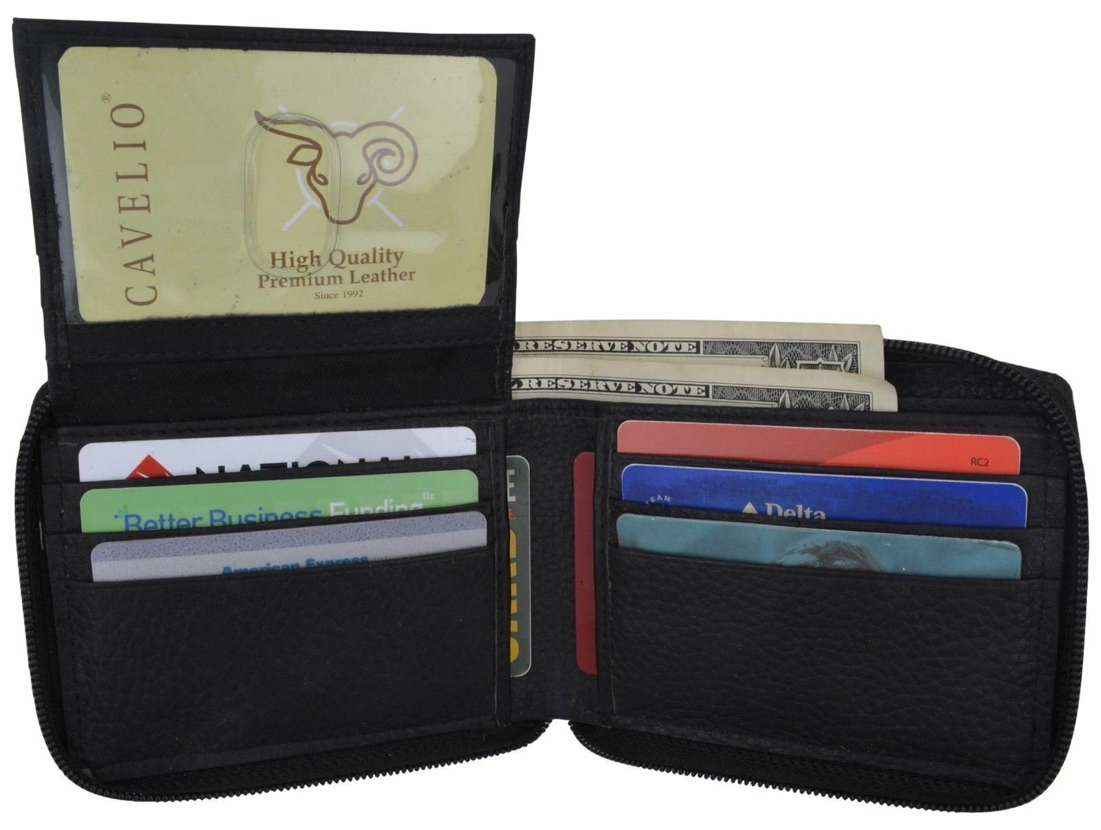 Black Zipper Bifold Credit Card ID Holder Leather Mens Zip Around Cavelio Wallet