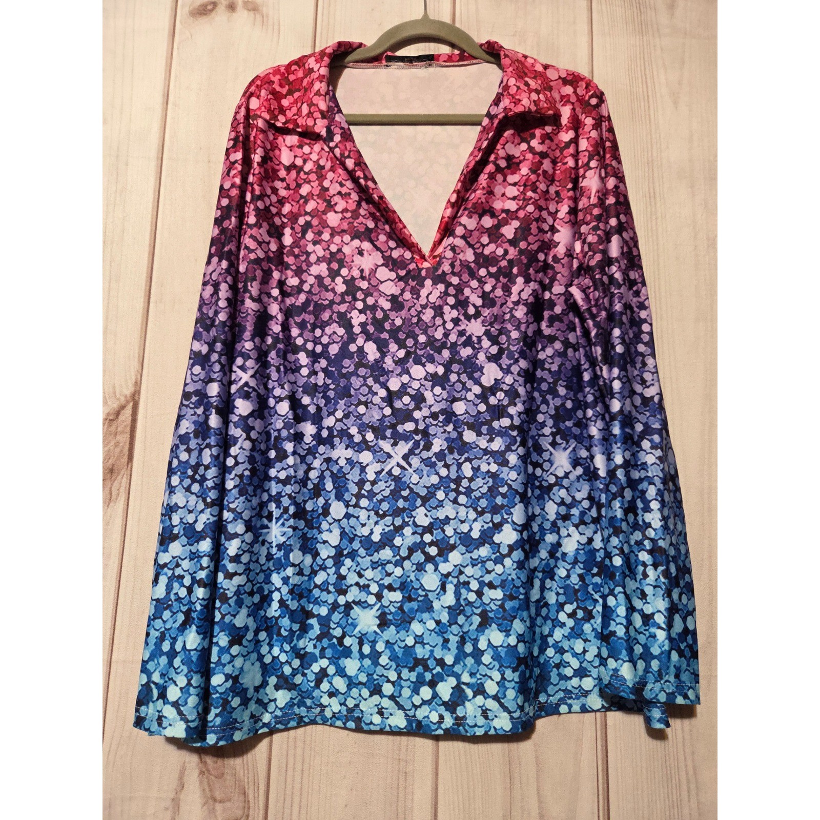 Loveu Dear Womens 1X Ombre Glitter Print VNeck Long Sleeve Top Pink Blue Purple