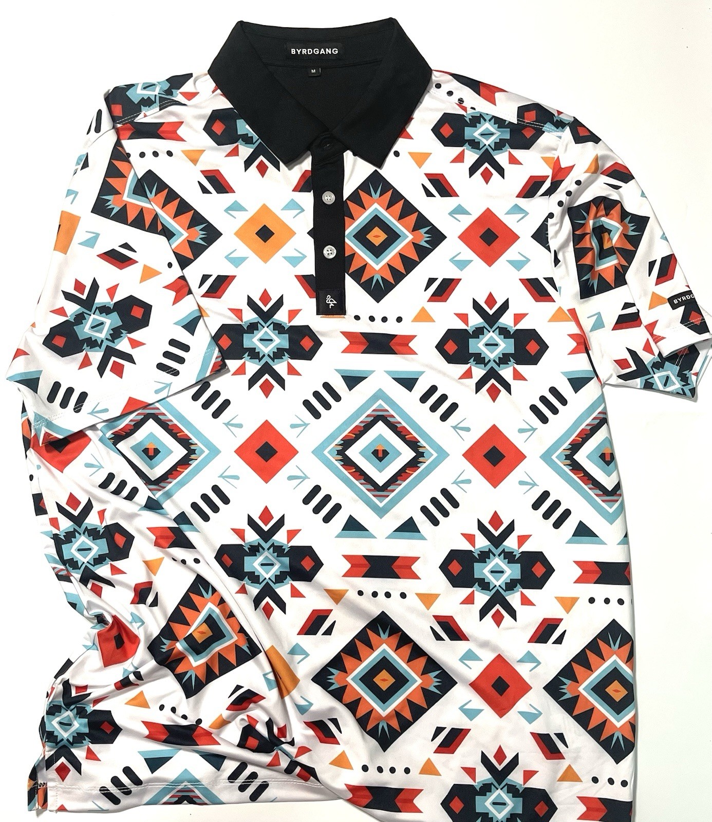 Byrd Gang Polo Shirt Men’s Medium Geometric Aztec Southwest Golf Performance