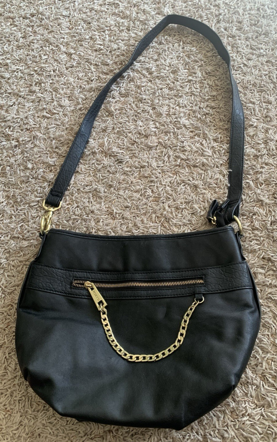 Rosetti Black Polyurethane Shoulder Bag Purse Zipper/Chain Pockets *Crack Strap