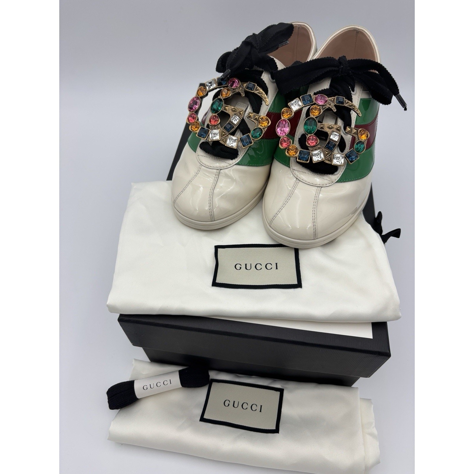 Gucci Falacer Patent Leather Sneakers White Green Red Crystal GG Size 37.5