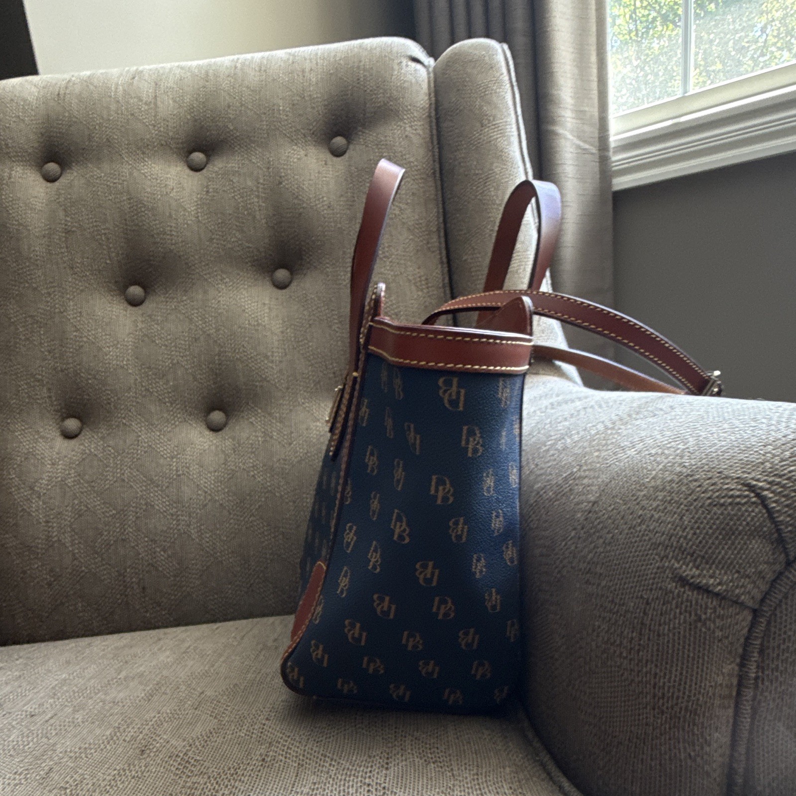 Dooney & Bourke Navy/Brown Monogram Zip Satchel, Strap, Gold Hardware, Pockets