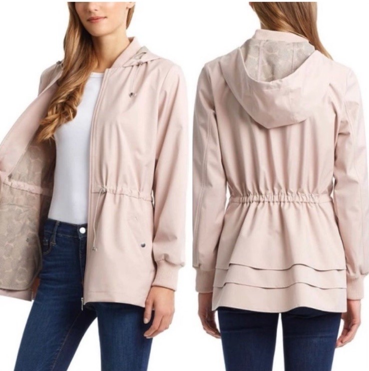 Bernardo Women Anorak Rain Hooded Full Zip Ruffle Hem Elastic Waistband Mauve M