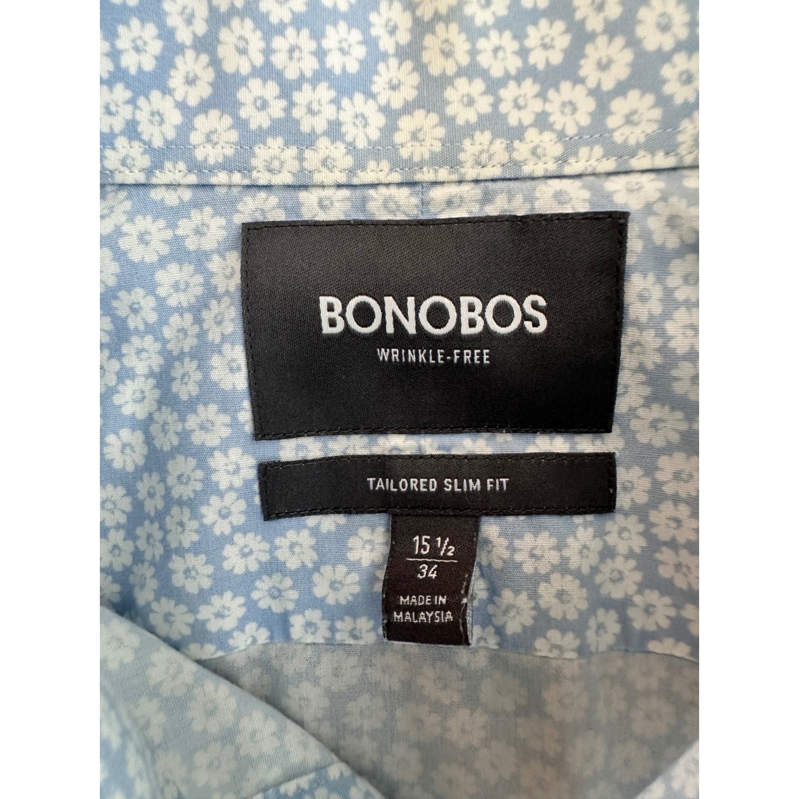 Bonobos Mens Floral Dress Shirt 15.5 34 Tailored Slim Fit Blue Daisy