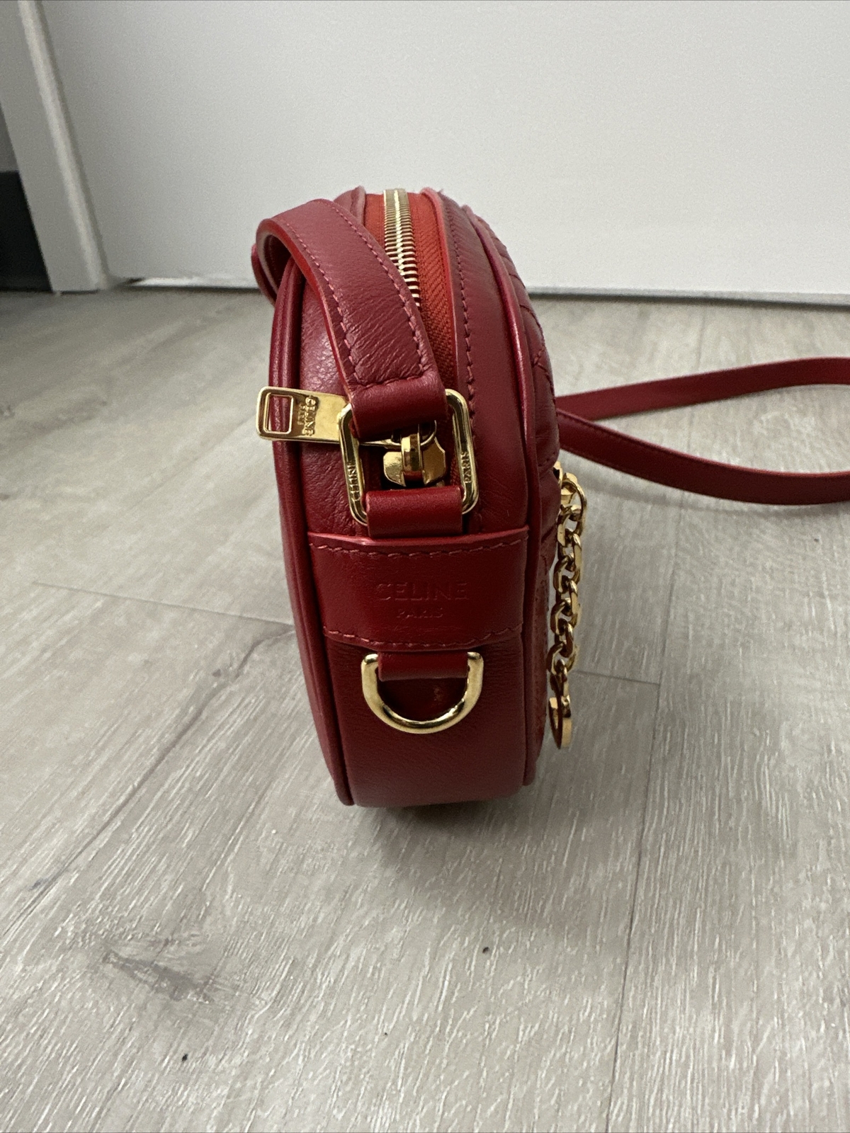CELINE C Charm Small Quilted Calfskin Leather Camera Bag Red