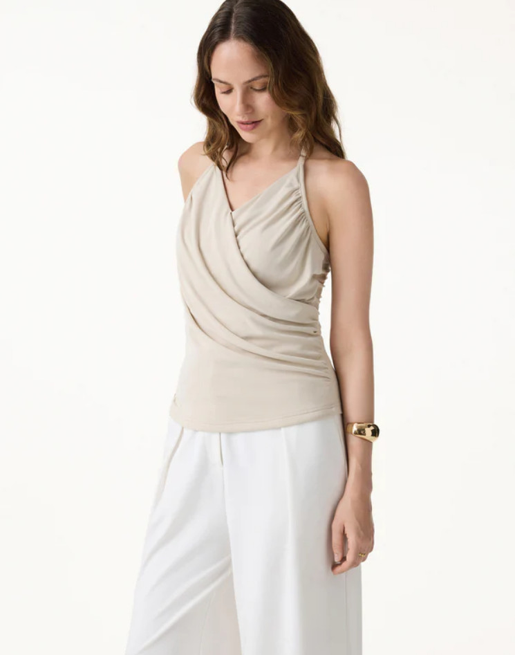 OGL Modal Halter Neck Surplice Ruched Bandless Bra Top, Morning Mist Color, New