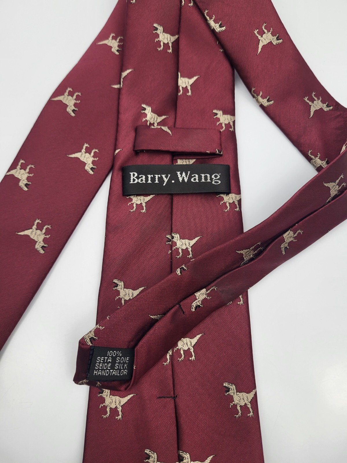 Barry Wang Silk Tie Red Gold Geometric Dinosaurs Men Necktie Italy 60 x 3.25