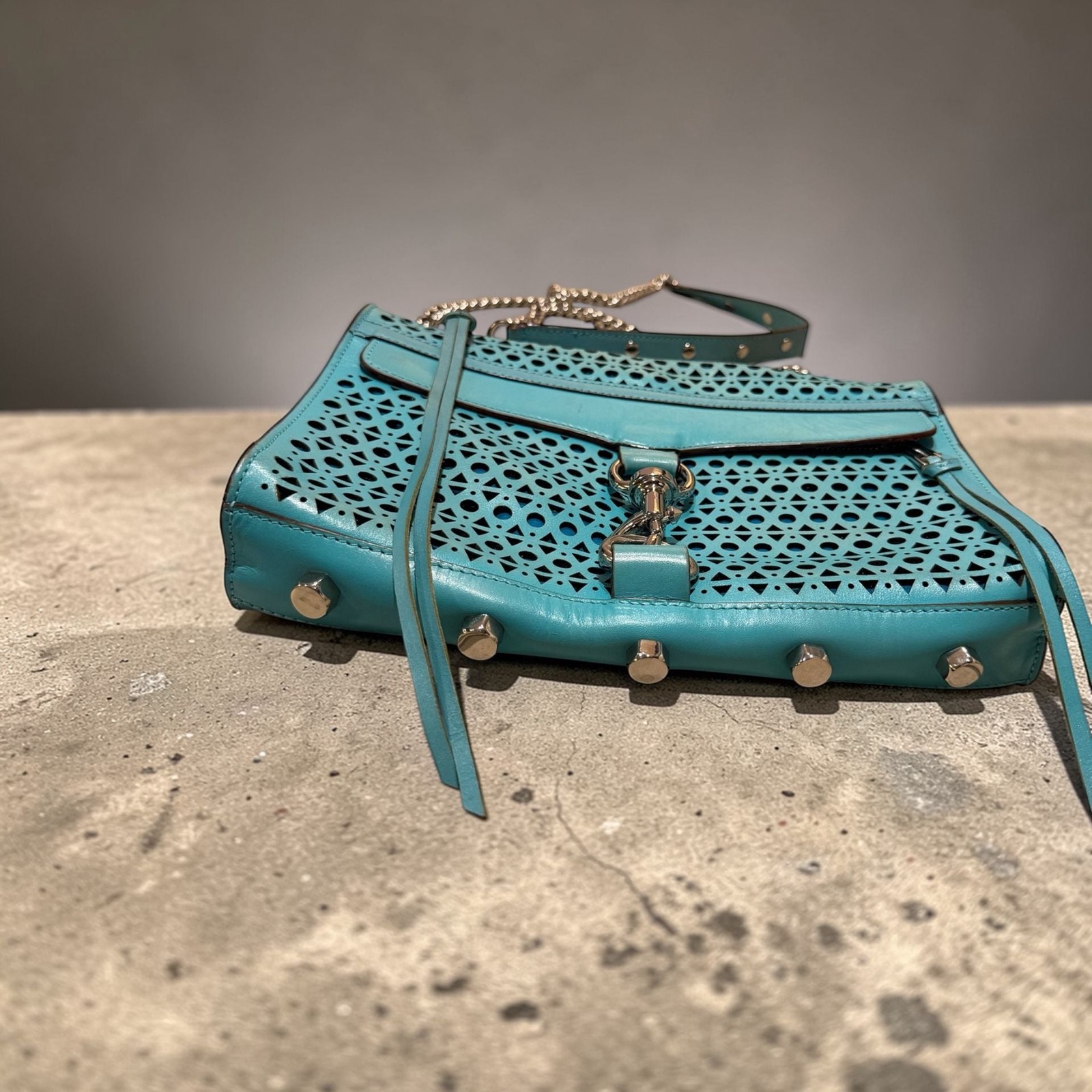 Rebecca Minkoff Perforated MAC Crossbody Bag Teal Blue Leather Chain Strap