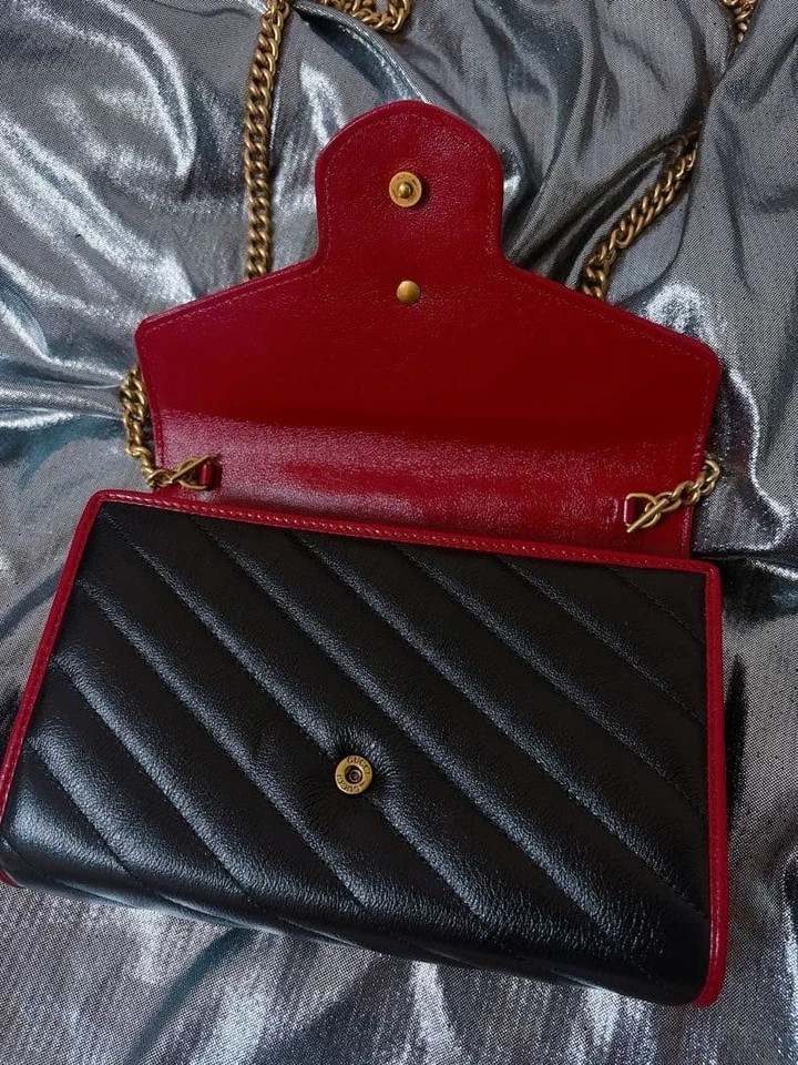 GUCCI Mini Marmont Shoulder Bag Black x Red Leather Chain Shoulder Strap Auth