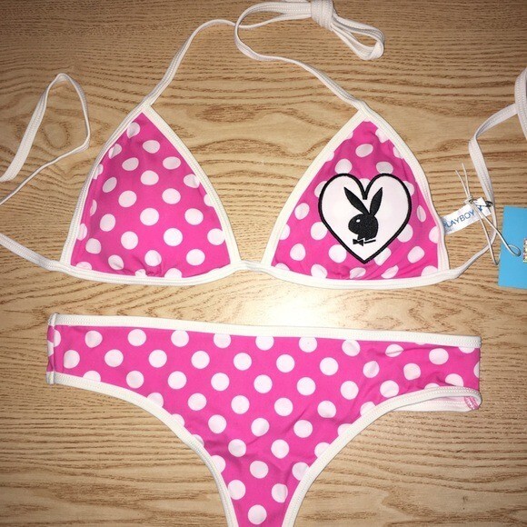 New Womens 2pc Super Sexy Playboy Polka Dot Thong Swimsuit Bikini Size Large