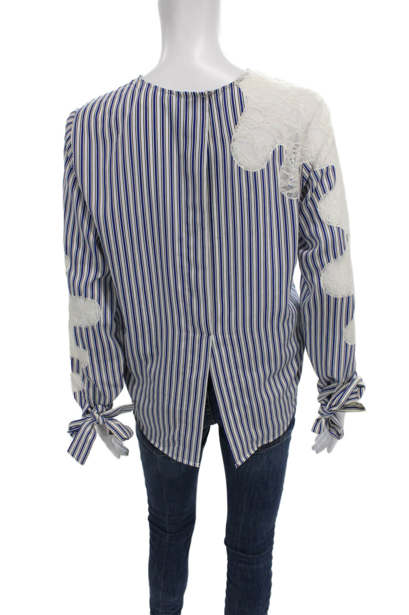 Robert Rodriguez Women Blue Striped Round Neck Long Sleeve Blouse Size S