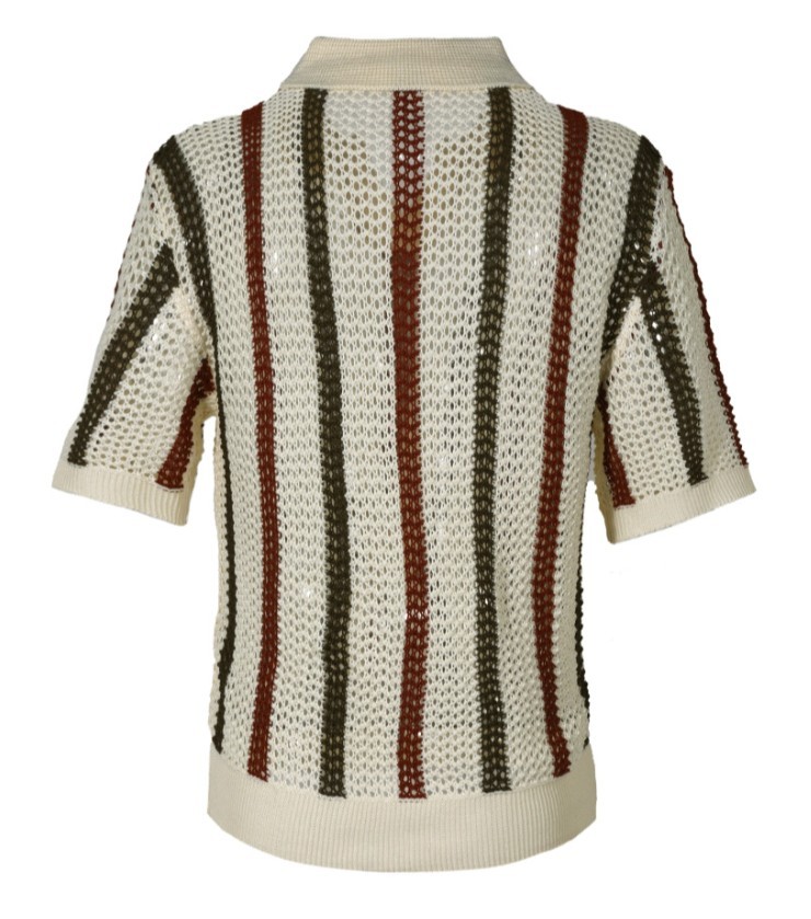 Men’s V-Neck Collared Knit T-Shirt Hollow Out Striped Short Sleeve Tee