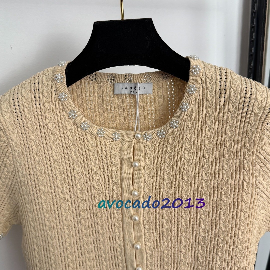 Sandro Women Pearl Button Round Neck Short Sleeved Knitted Cardigan Top