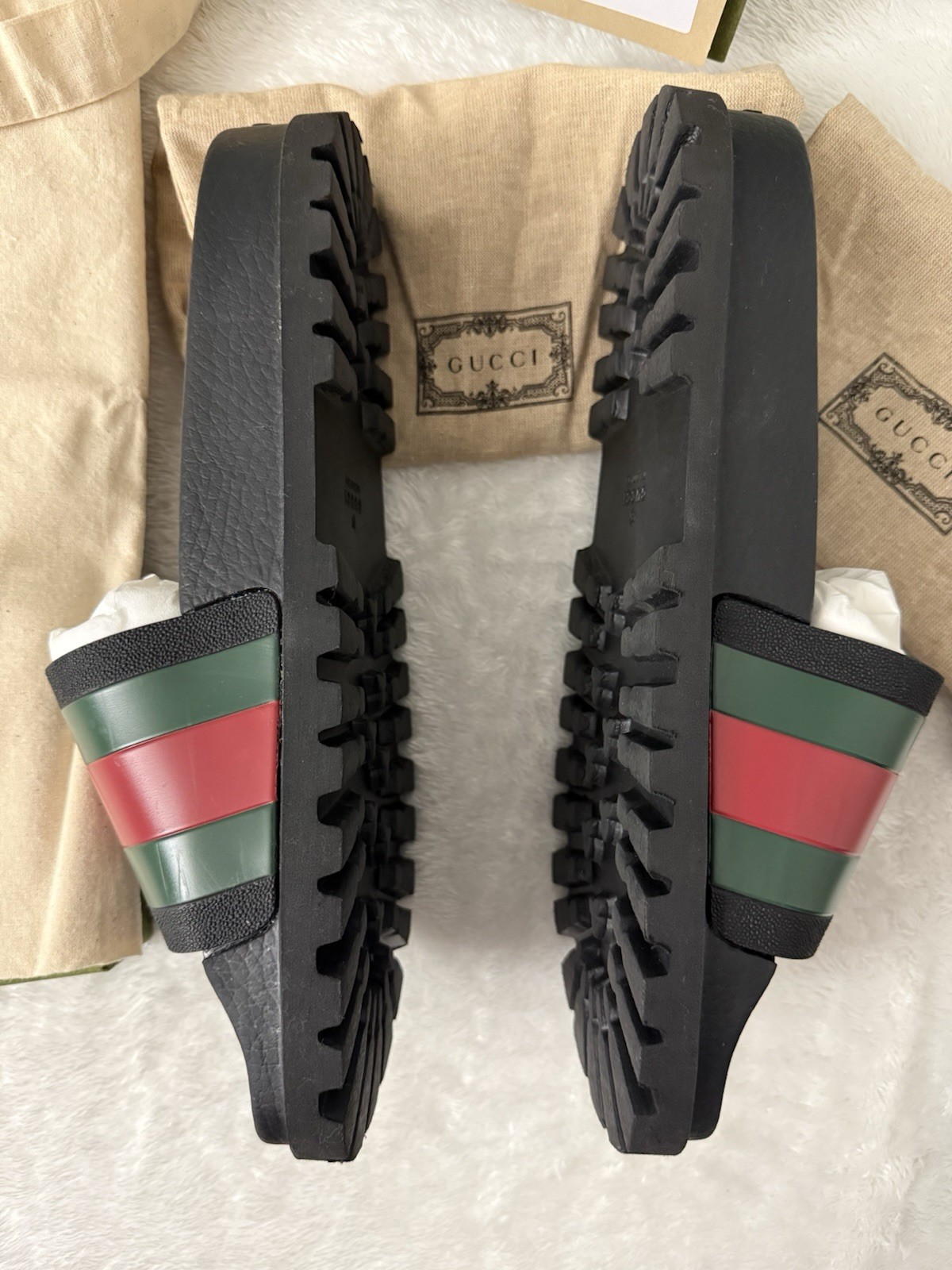 Gucci Pursuit Trek Web Stripe Rubber Slide Sandals Black Green Red Mens 10