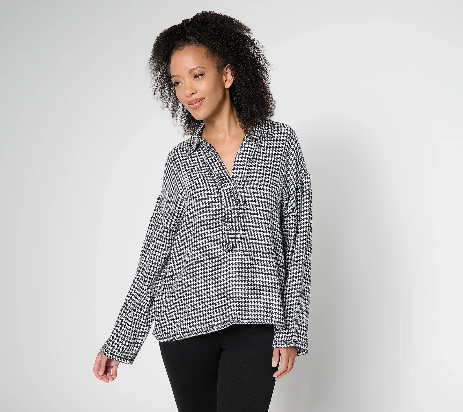 Peace Love World Boheme Houndsooth Brushed Twill Popover Top Black S New