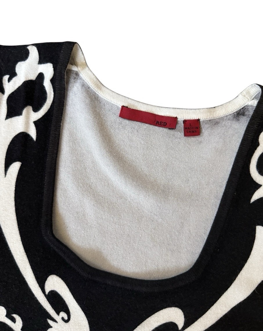 RED Womens Tank Top L Black White Ornate Print Sleeveless Scoop Neck