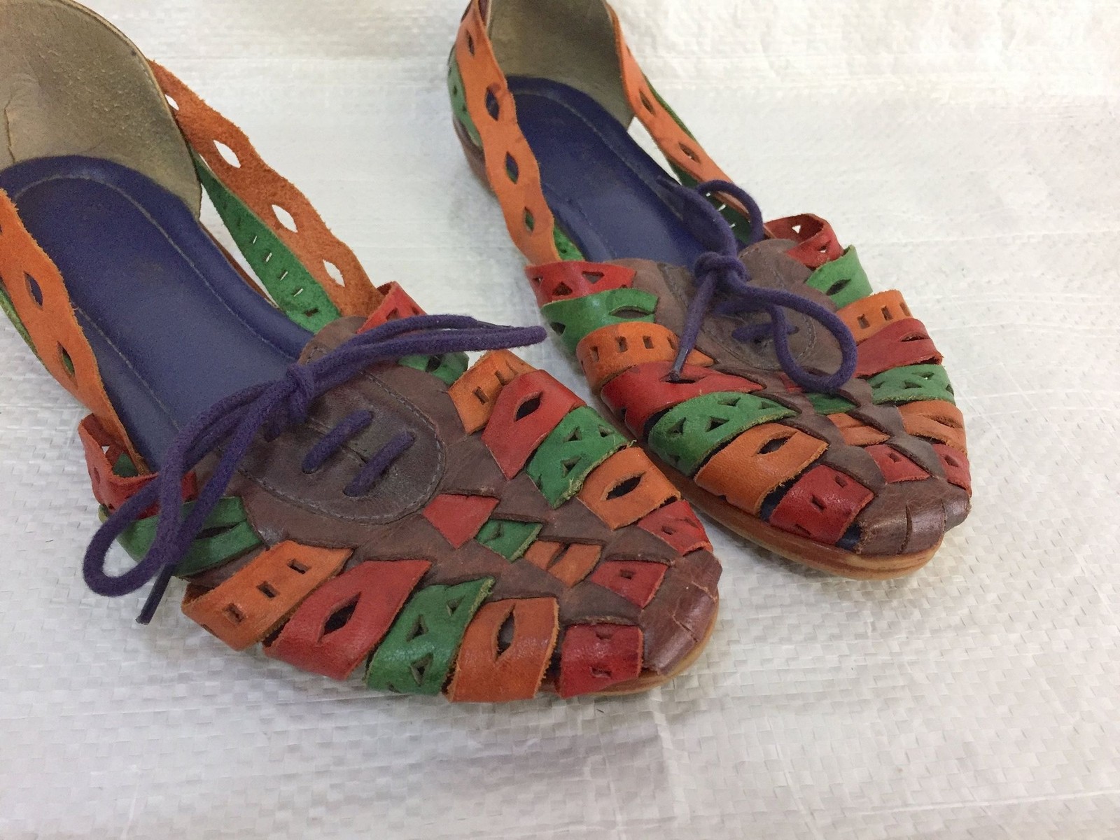 vintage 80s cutout color block leather huaraches / lace up woven flat sandals