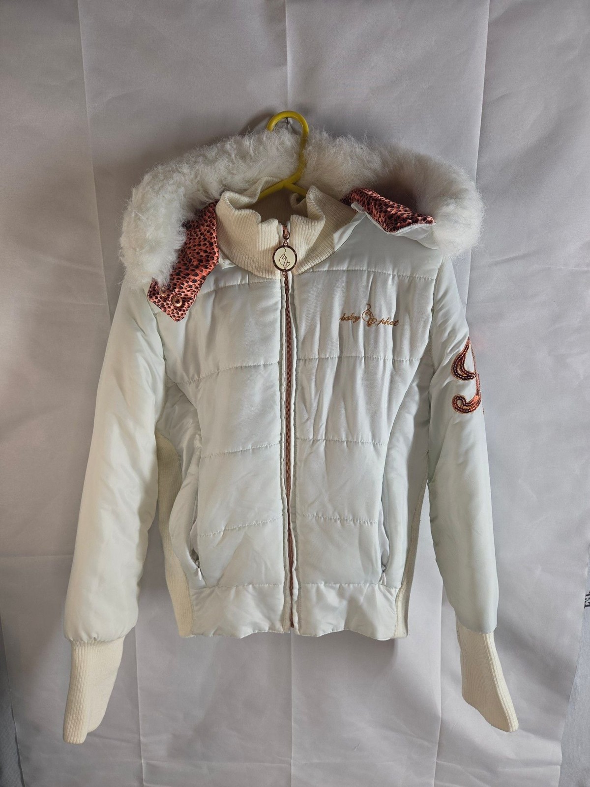 Baby Phat White Puffer Jacket With Faux Fur Hood And Sequin Cat Logo
