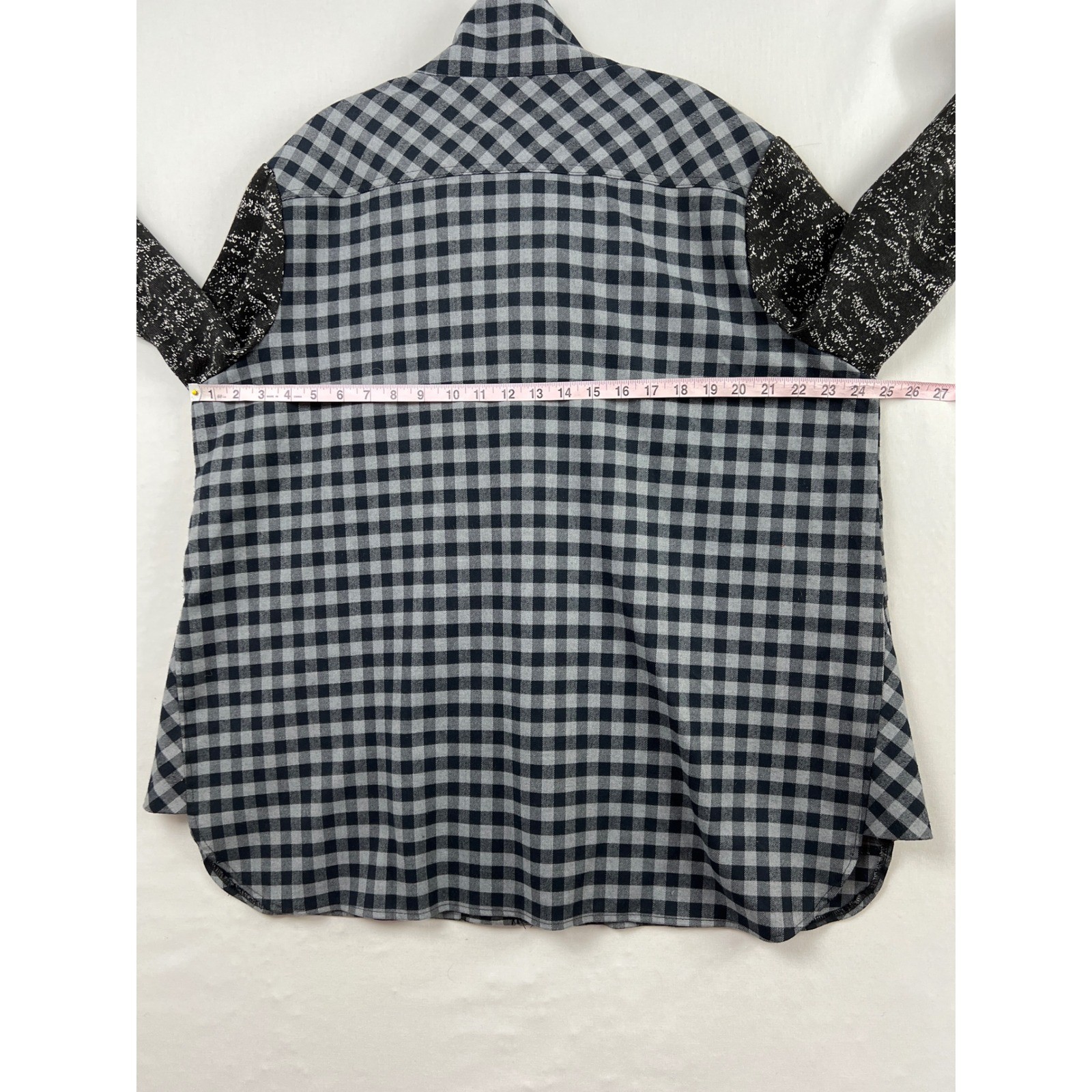LOGO Lori Goldstein Plaid Jacket Womens 1X Navy Gray Black Mixed Media Snap Zip