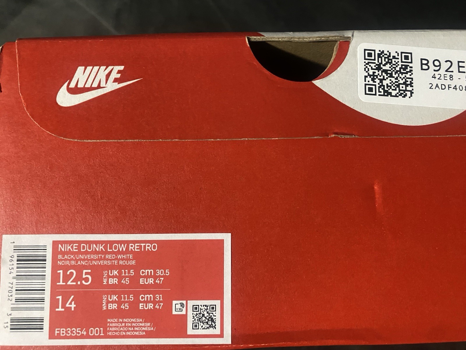 Nike Dunk Low Retro Black/University Red/White Size 12.5