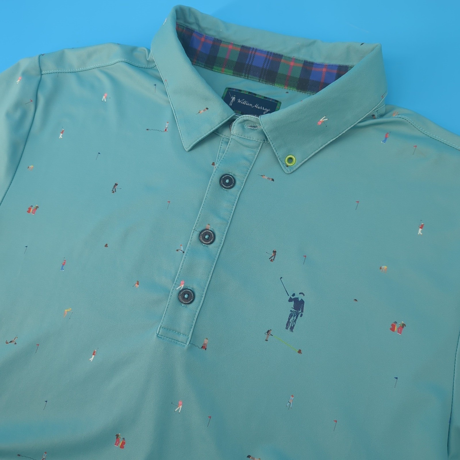 William Murray Mens Medium Golf Polo Shirt Teal Blue Novelty Print Short Sleeve