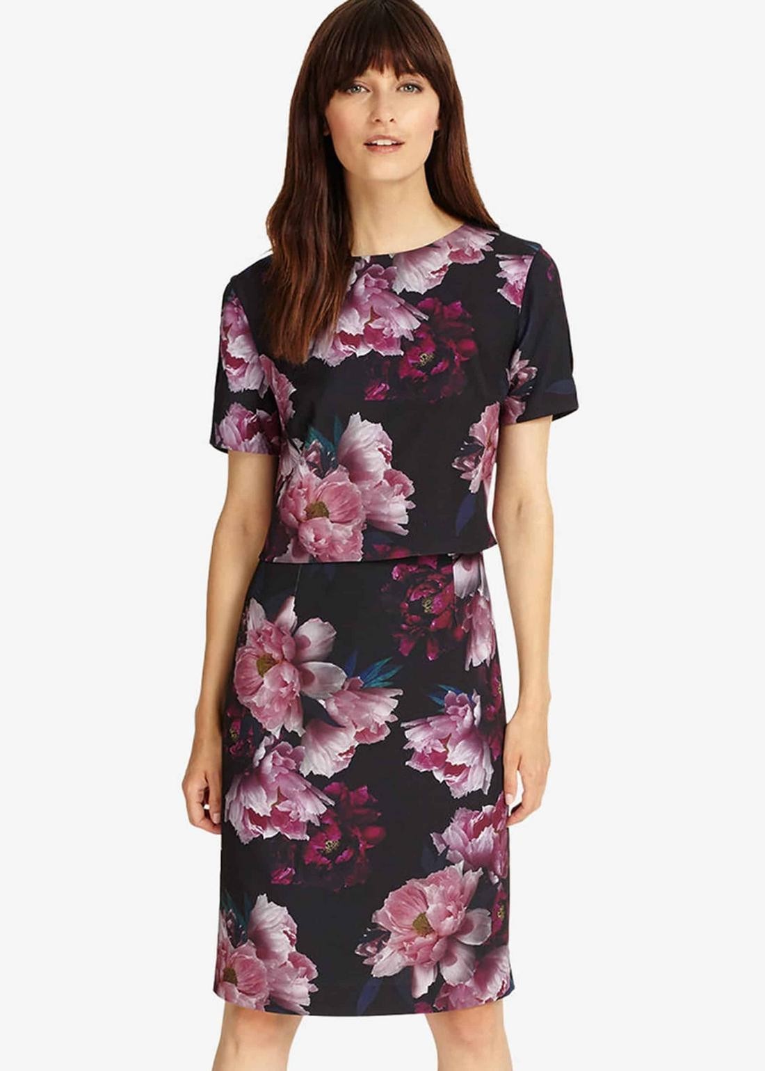 Phase Eight Kaylor Floral UK 12 Black Pink Crepe Pencil Wedding Guest Occasion