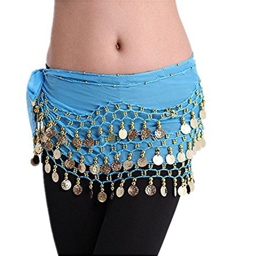 Women Belly Dance Costumes Hip Scarf Wrap Belt Skirt Gold/Silver Coins Beads US