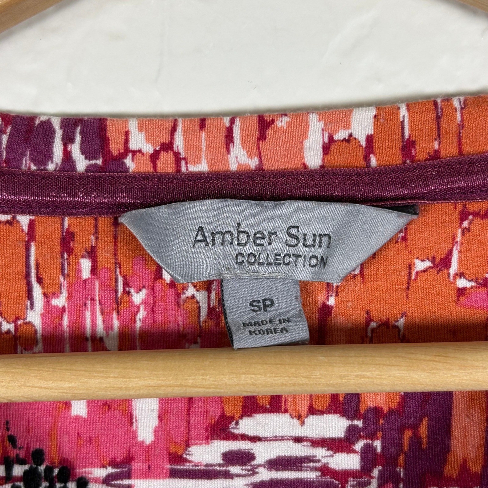 VTG Amber Sun V-Neck Top Orange Pink Abstract 3/4 Sleeve Size SP