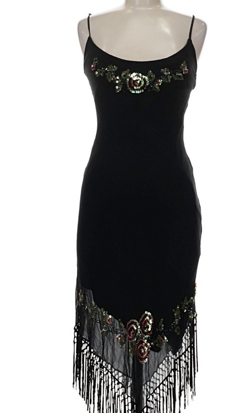 Vintage Betsey Johnson Size 6 Silk Black Sequin Fringe Stretch Mesh Midi Dress